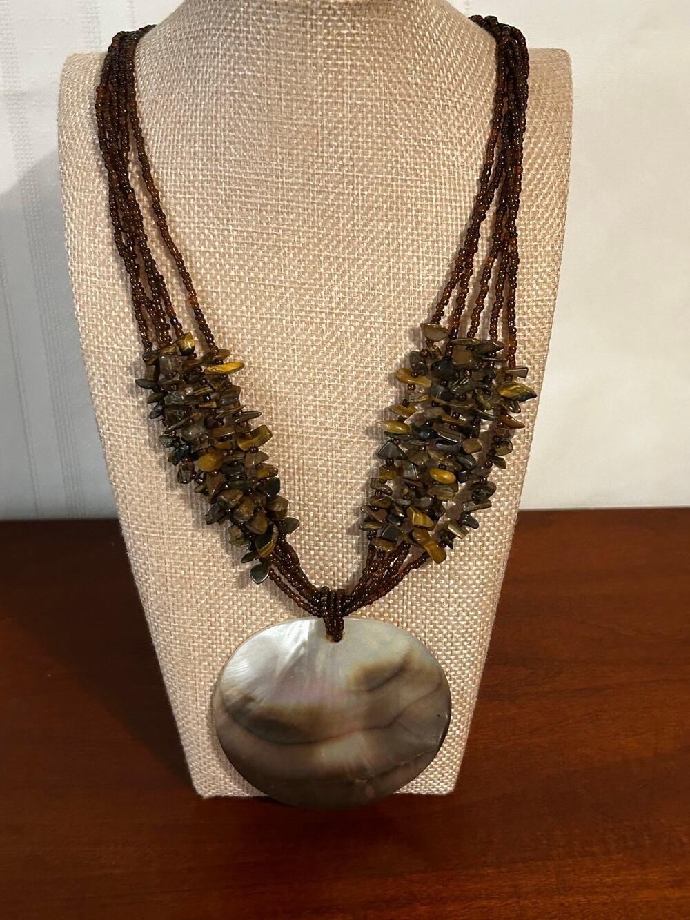Vintage Multi-Strand Tiger’s Eye Chip Bead Necklace Large Shell Pendant